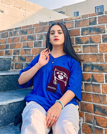 π R Athletics Graphic Patched Vneck Drop Shoulder Oversized Tee Blue (100% off)