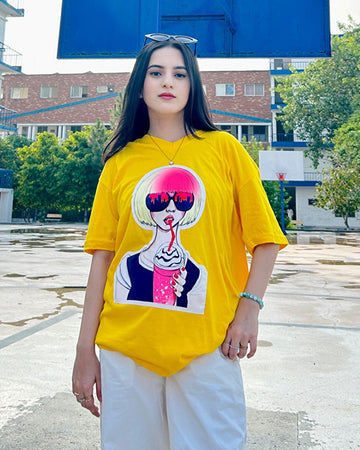 π Vaccy Girl Graphic Patched Vneck Drop Shoulder Oversized Tee Yellow (100% off)