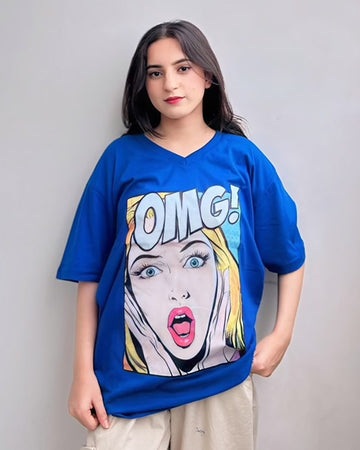 π Shocked Girl Graphic Vneck Drop Shoulder Oversized Tee Blue (100% off)