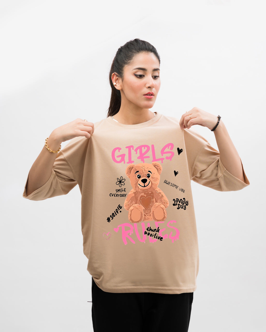 Girls Rules Graphic Drop Shoulder Oversized Tee Beige