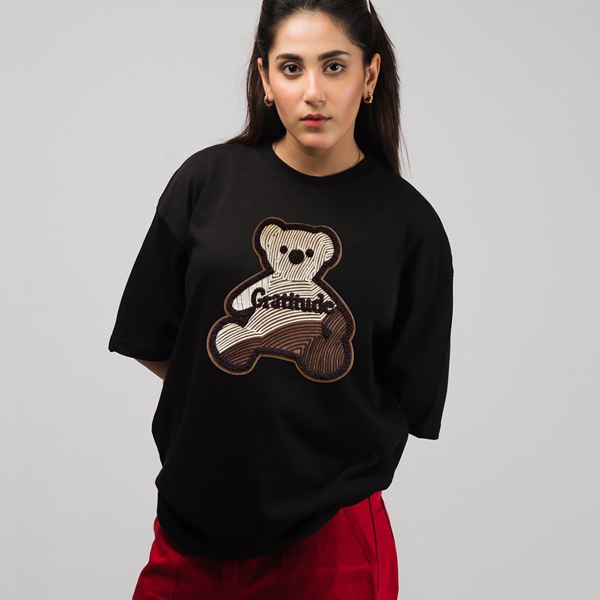 Gratitude Teddy Embroidered Patched Drop Shoulder Oversized Tee Black