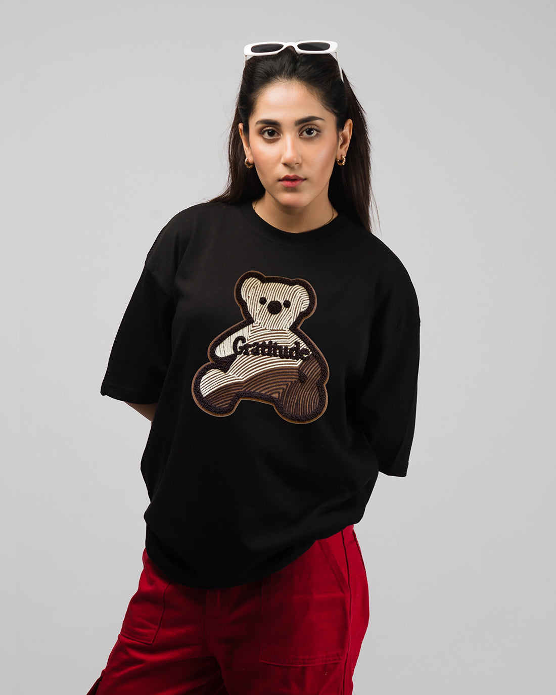 Gratitude Teddy Embroidered Patched Drop Shoulder Oversized Tee Black