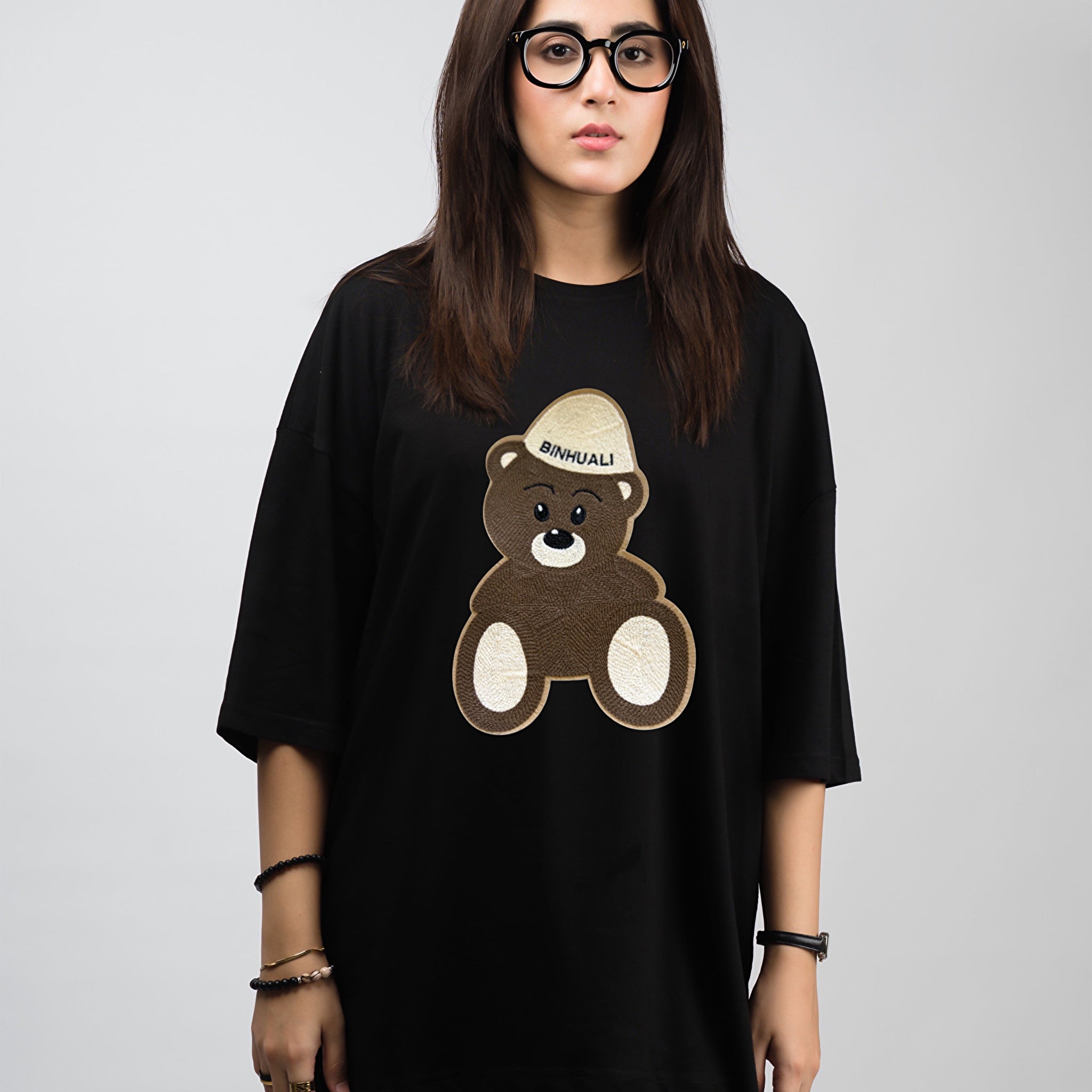 Binhuali Bear Embroidered Patched Drop Shoulder Oversized Tee Black