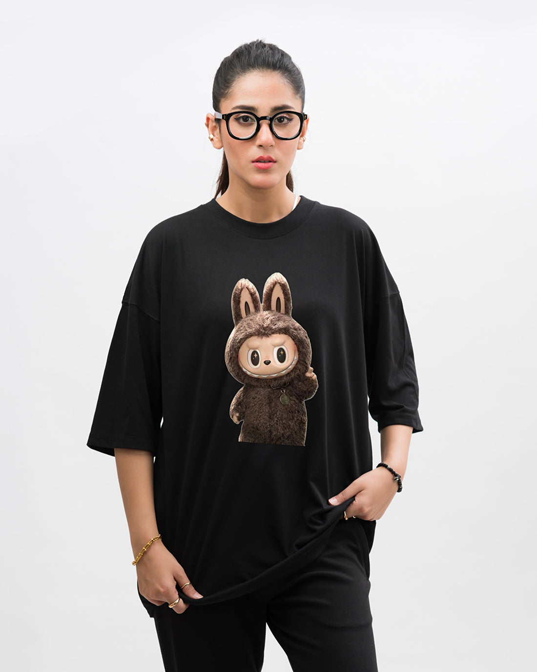 Hi Labubu Graphic Drop Shoulder Oversized Tee Black