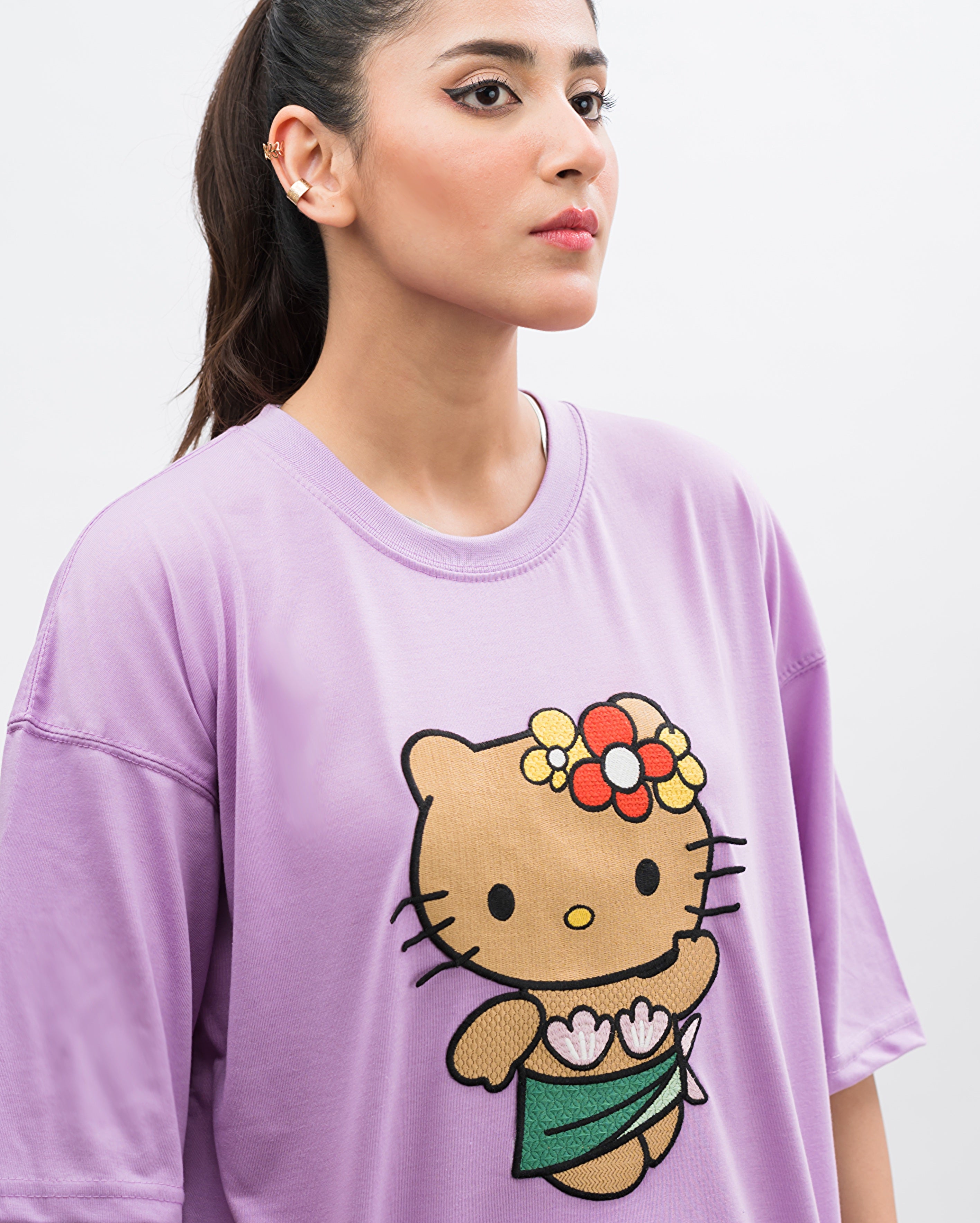 Hi Kitty Embroidered Patched Drop Shoulder Oversized Tee Lavender