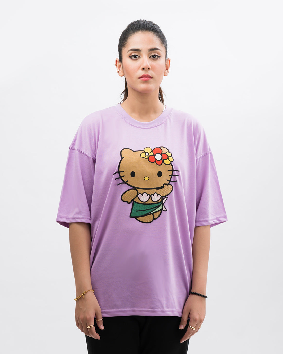 Hi Kitty Embroidered Patched Drop Shoulder Oversized Tee Lavender