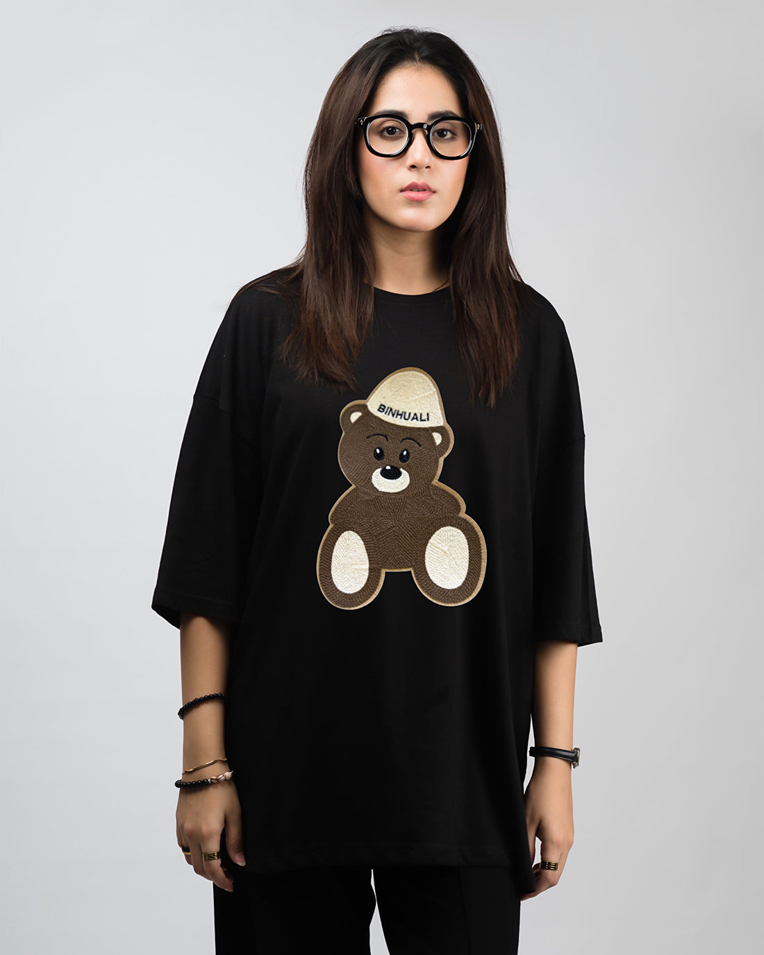 Binhuali Bear Embroidered Patched Drop Shoulder Oversized Tee Black