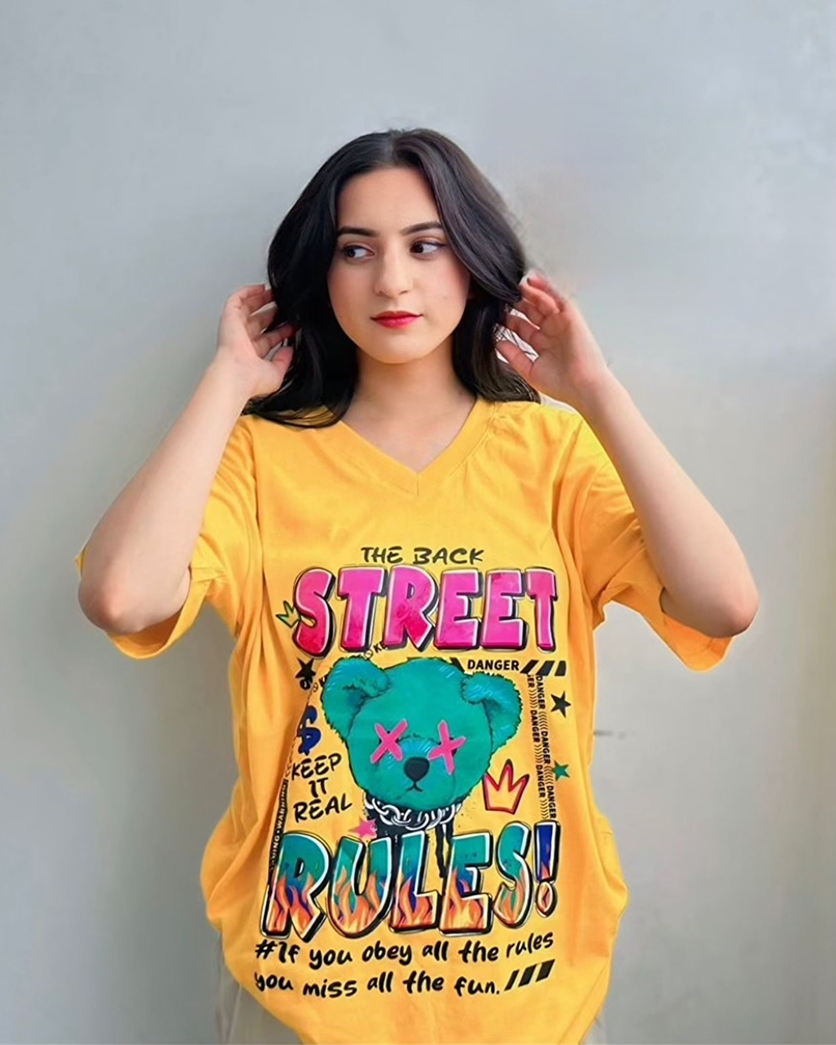 🎁 Street Rules Graphic Vneck Drop Shoulder Oversized Tee Yellow (100% off)