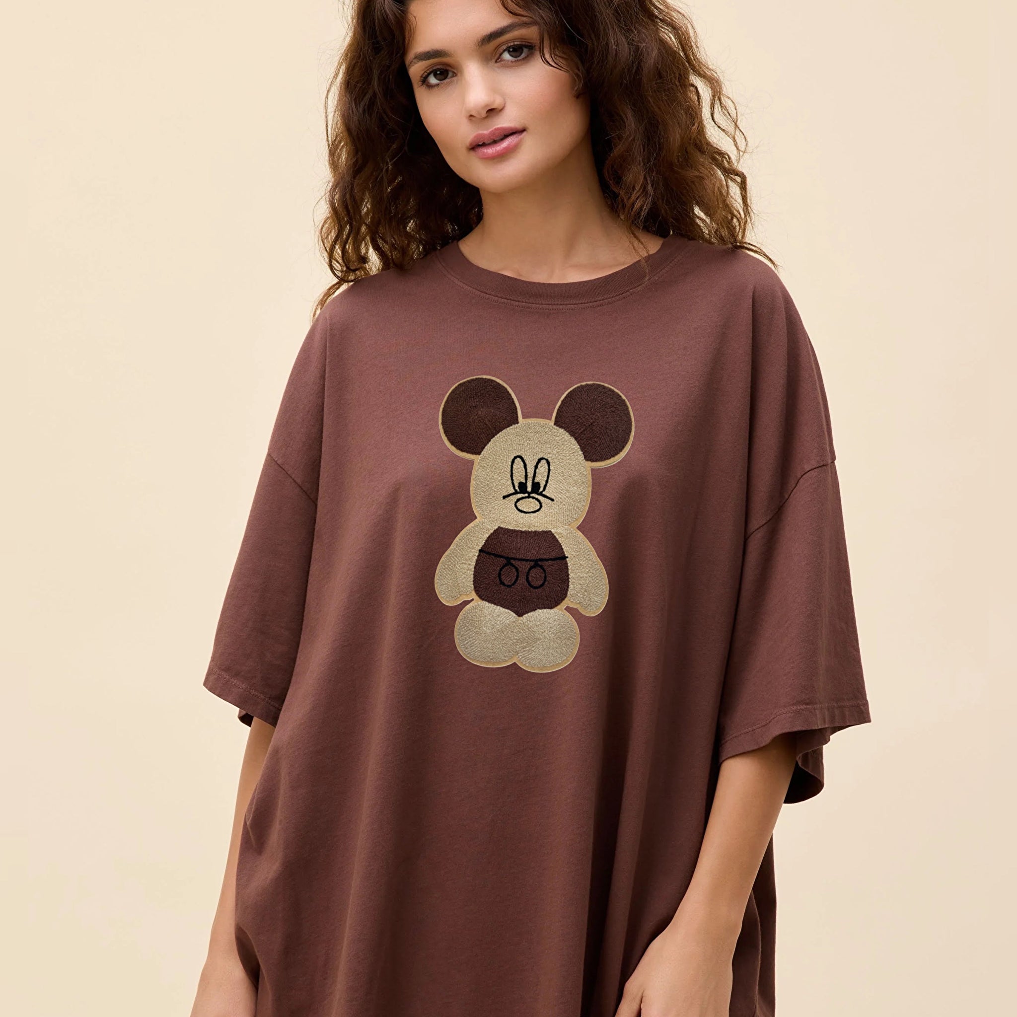 Bear Hugz Embroidered Patched Drop Shoulder Oversized Tee Brownie