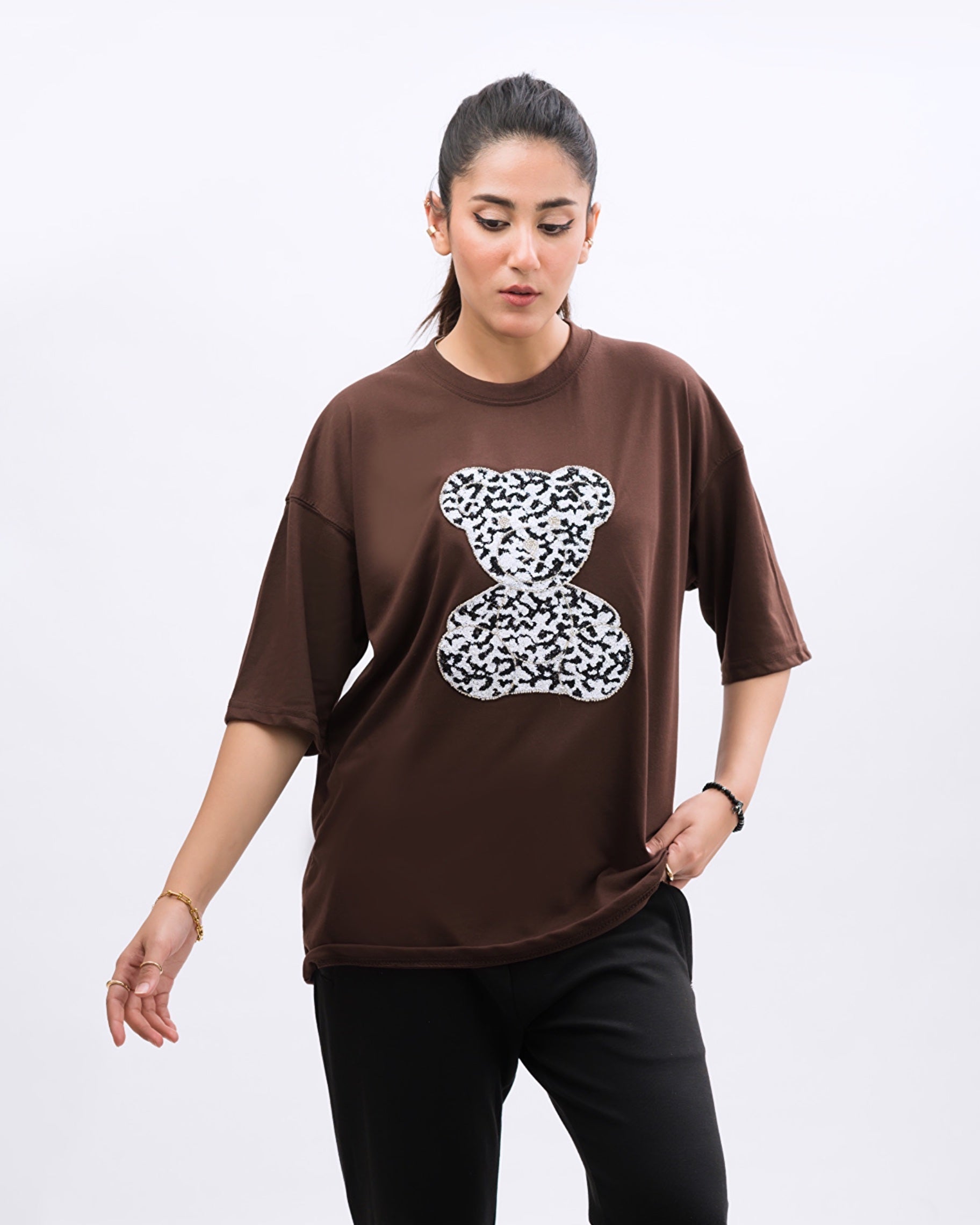 Frosty Bear Embroidered Patched Drop Shoulder Oversized Tee Brownie