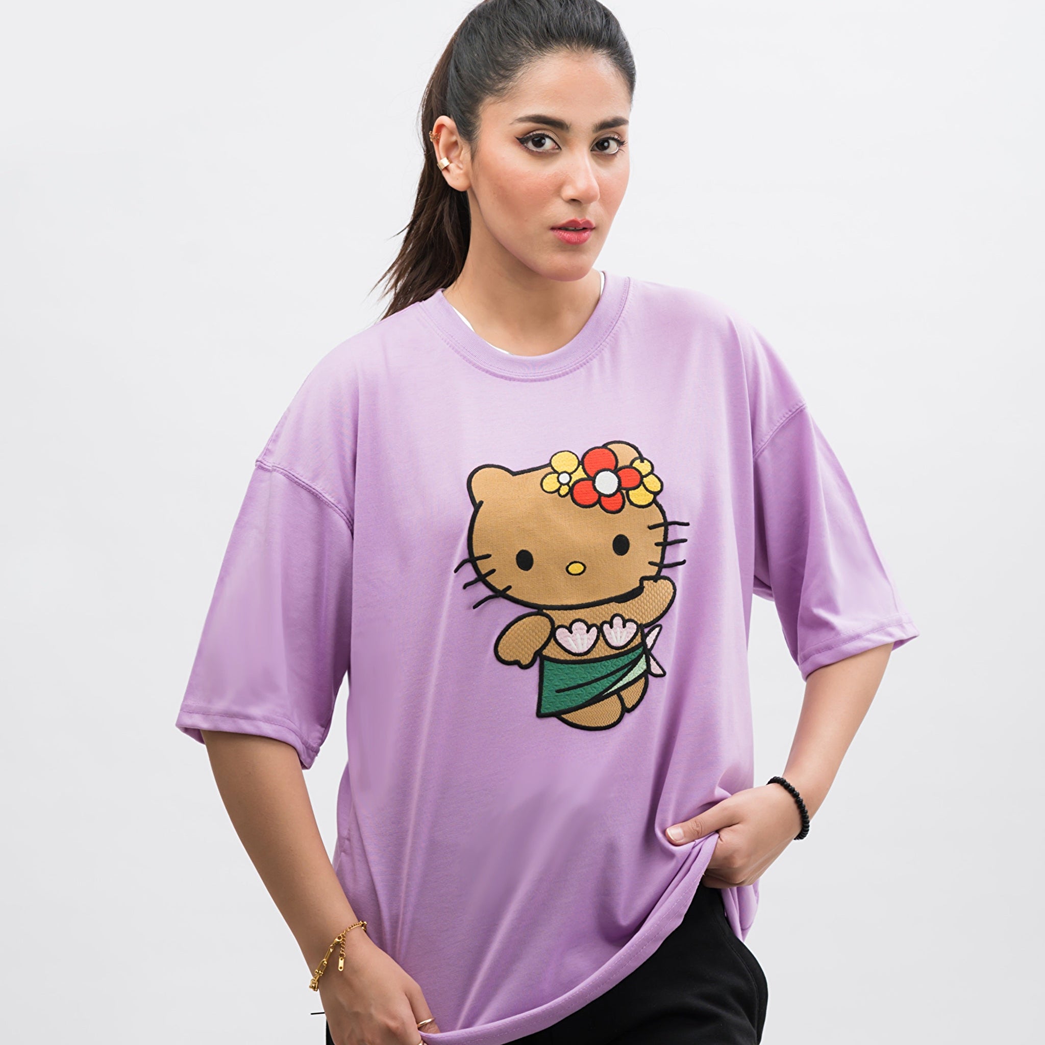 Hi Kitty Embroidered Patched Drop Shoulder Oversized Tee Lavender