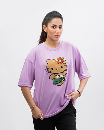 Hi Kitty Embroidered Patched Drop Shoulder Oversized Tee Lavender