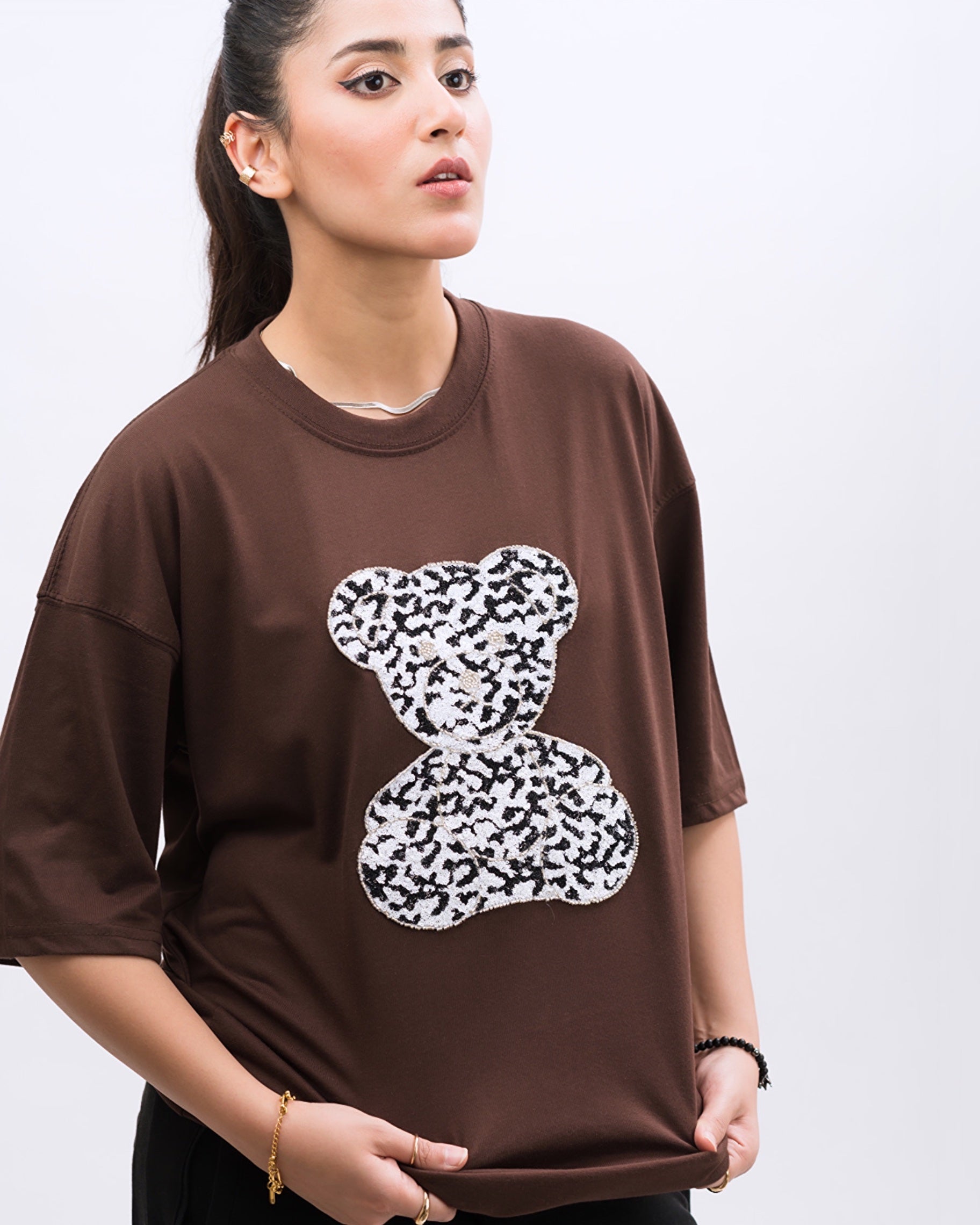 Frosty Bear Embroidered Patched Drop Shoulder Oversized Tee Brownie