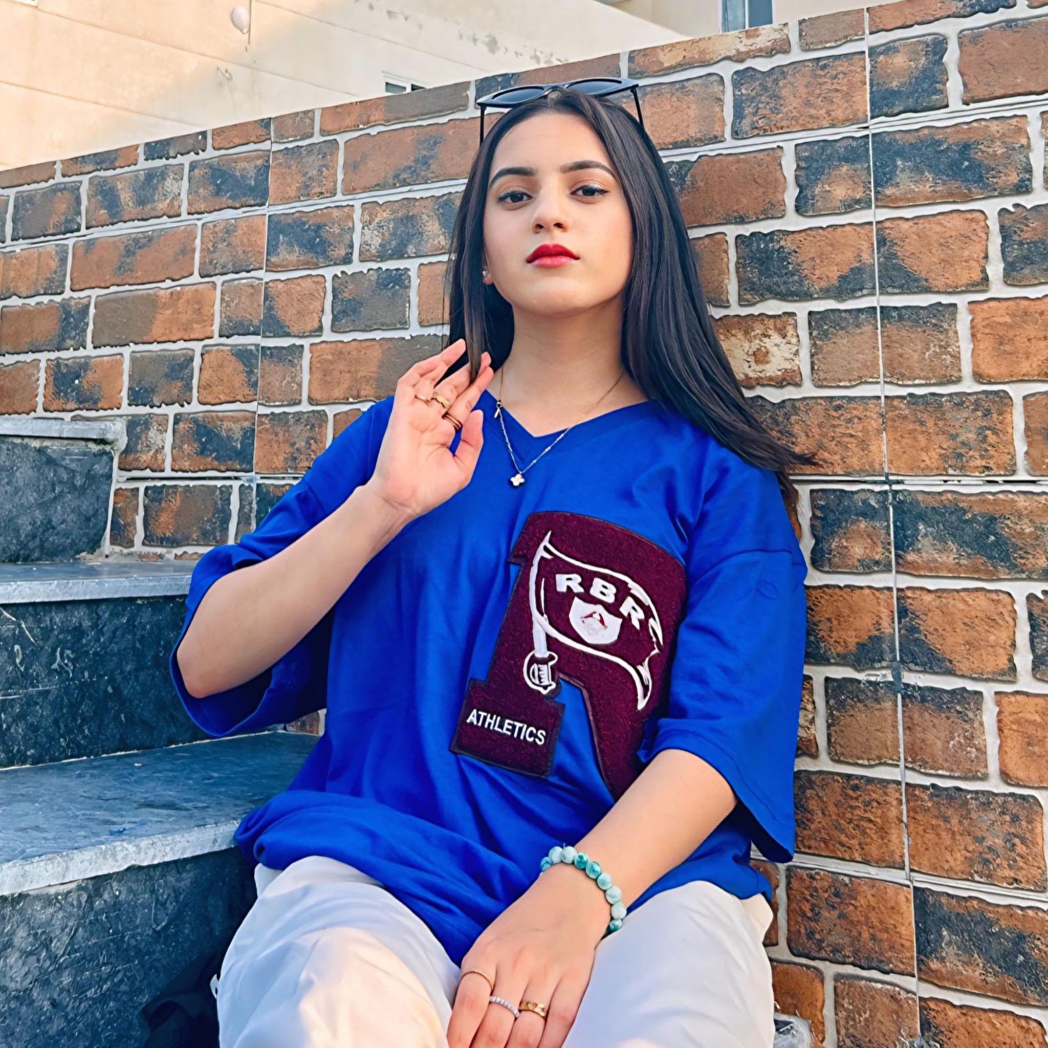 🎁 R Athletics Graphic Patched Vneck Drop Shoulder Oversized Tee Blue (100% off)