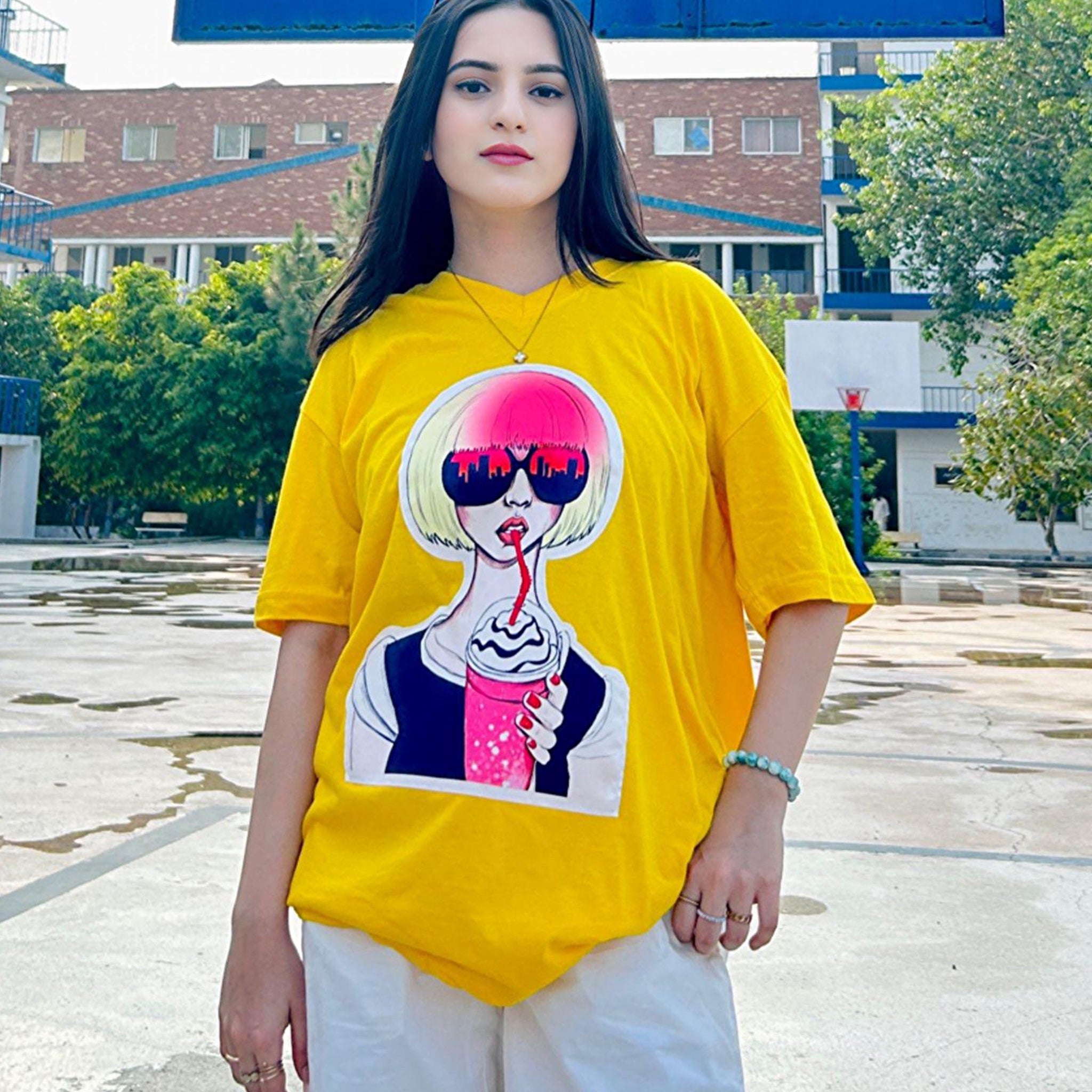 🎁 Vaccy Girl Graphic Patched Vneck Drop Shoulder Oversized Tee Yellow (100% off)