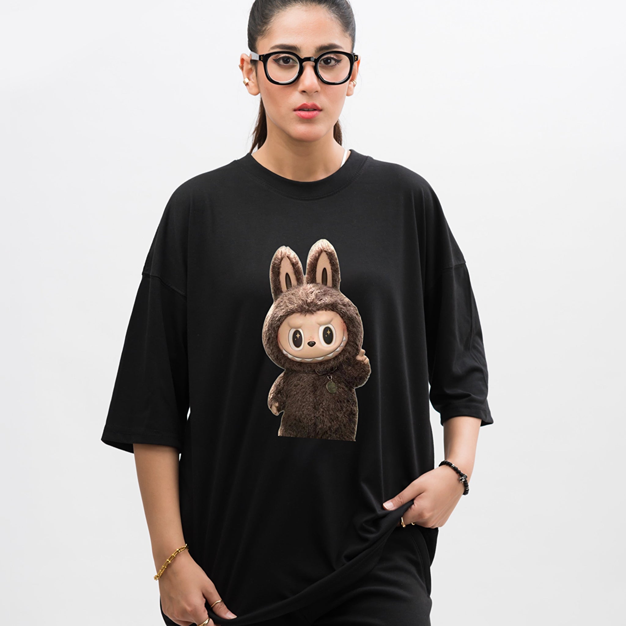 Hi Labubu Graphic Drop Shoulder Oversized Tee Black