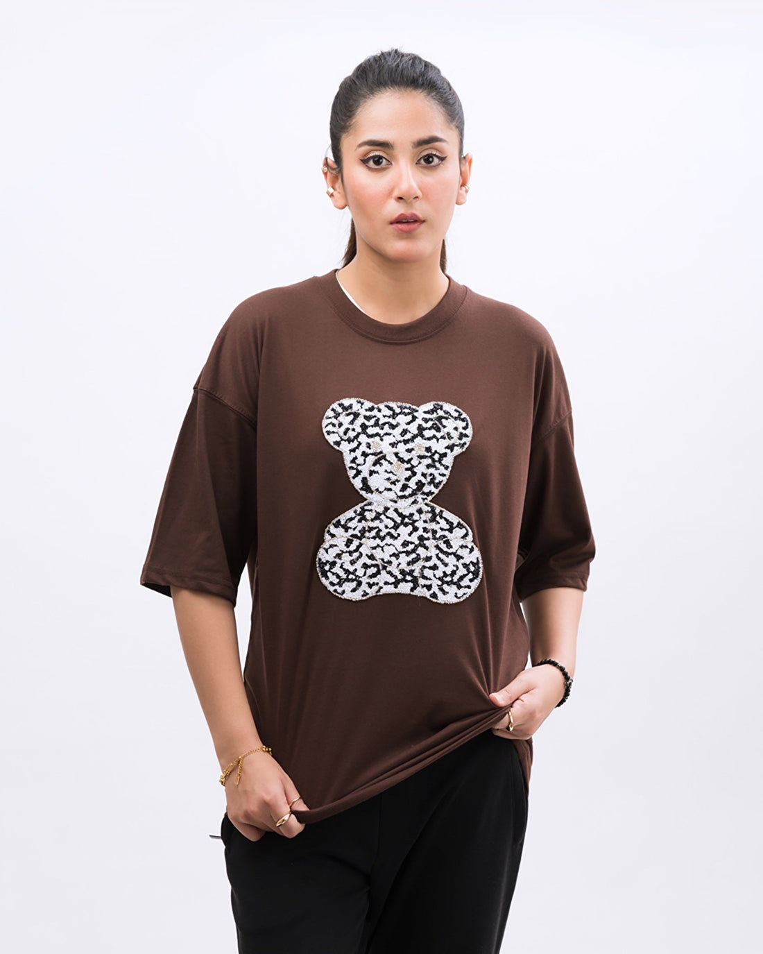 Frosty Bear Embroidered Patched Drop Shoulder Oversized Tee Brownie