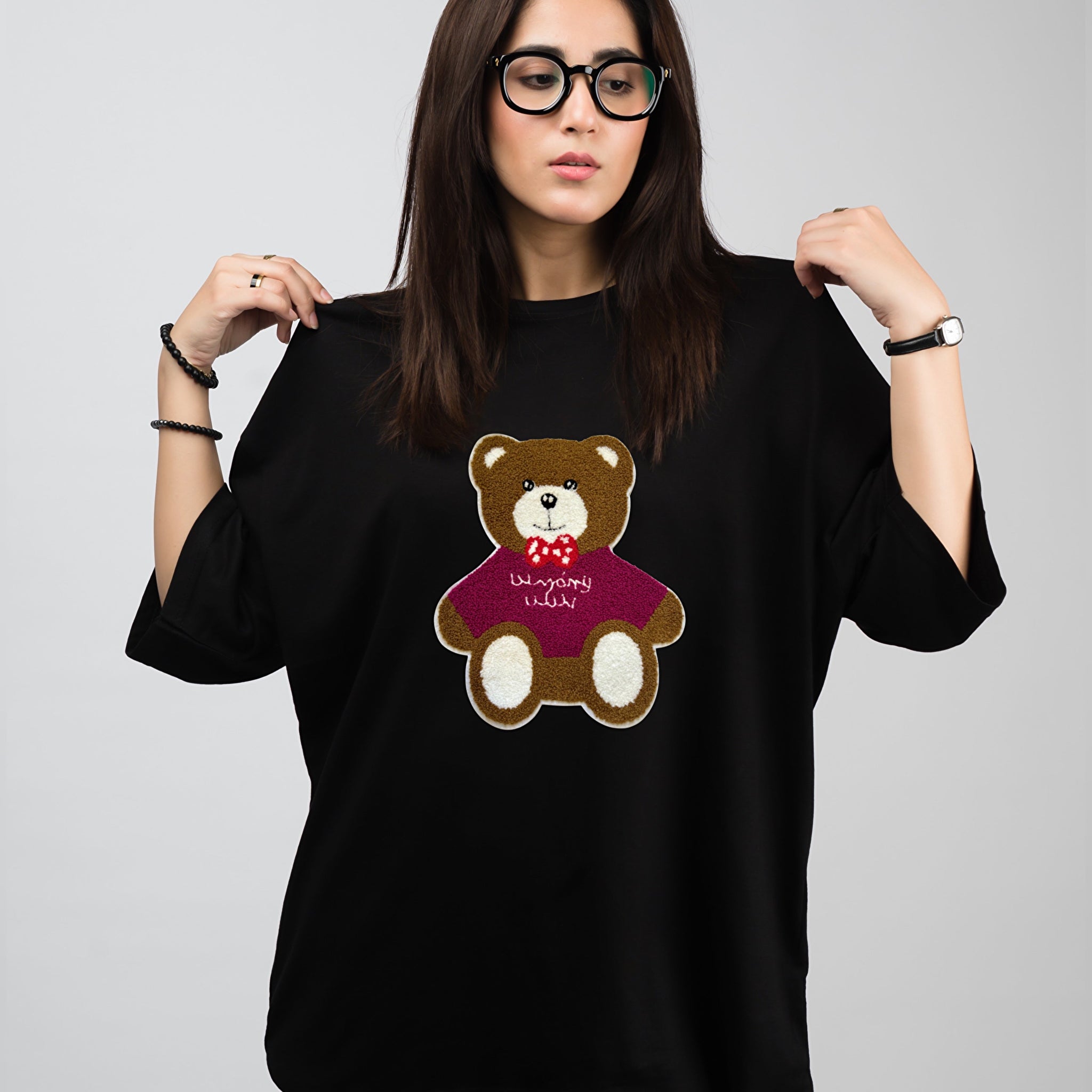 Coco Bear Embroidered Patched Drop Shoulder Oversized Tee Black