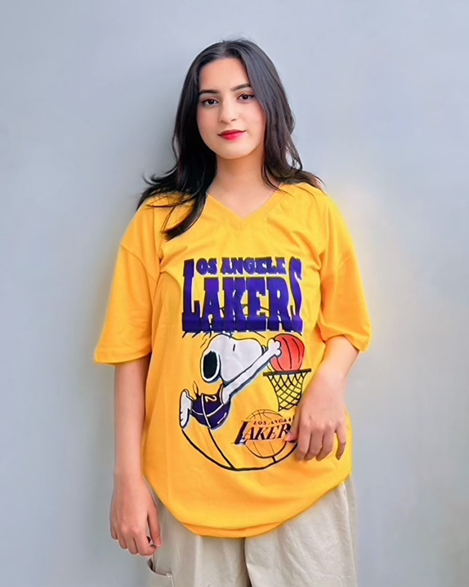 🎁 Lakers Graphic Vneck Drop Shoulder Oversized Tee Yellow (100% off)